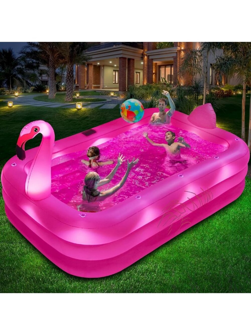 Inflatable Pink Pool with Lights & Solar Flamingo - Perfect for Summer Fun!